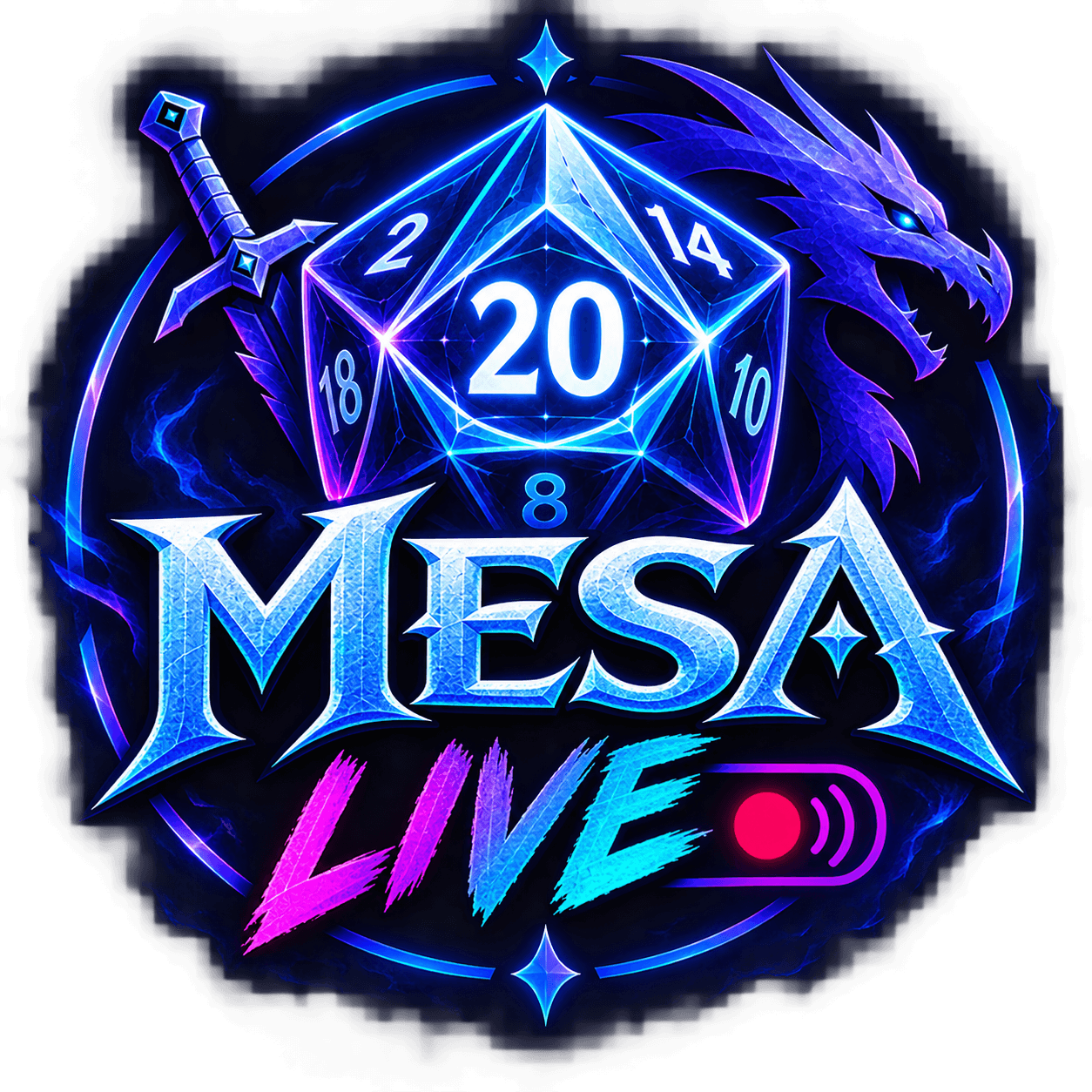 Logo Mesa Live com um dado de vinte lados e o texto MesaLIVE